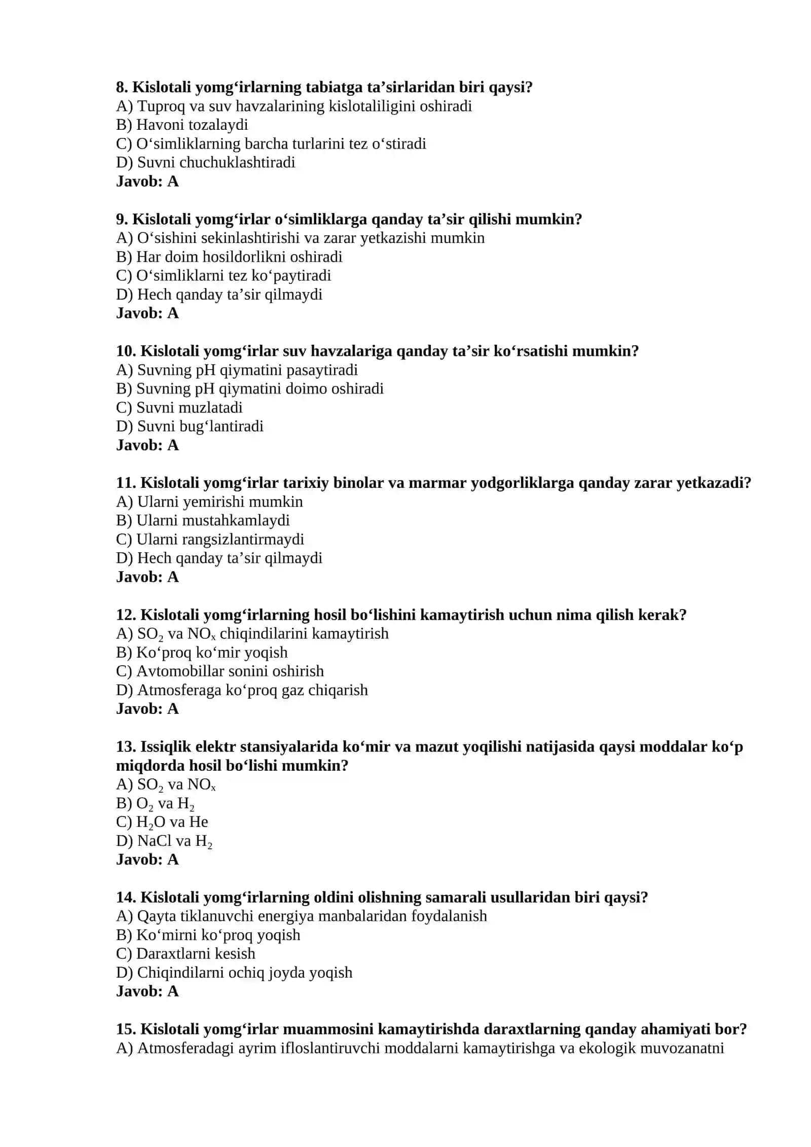 Kislotali yomg‘irlar — 15 ta test 2