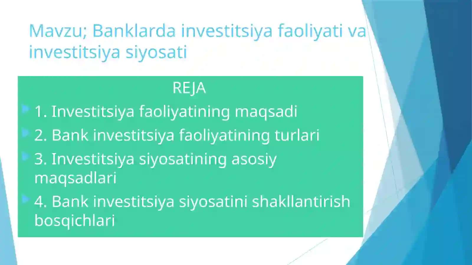 Banklarda investitsiya faoliyati va investitsiya siyosati 2