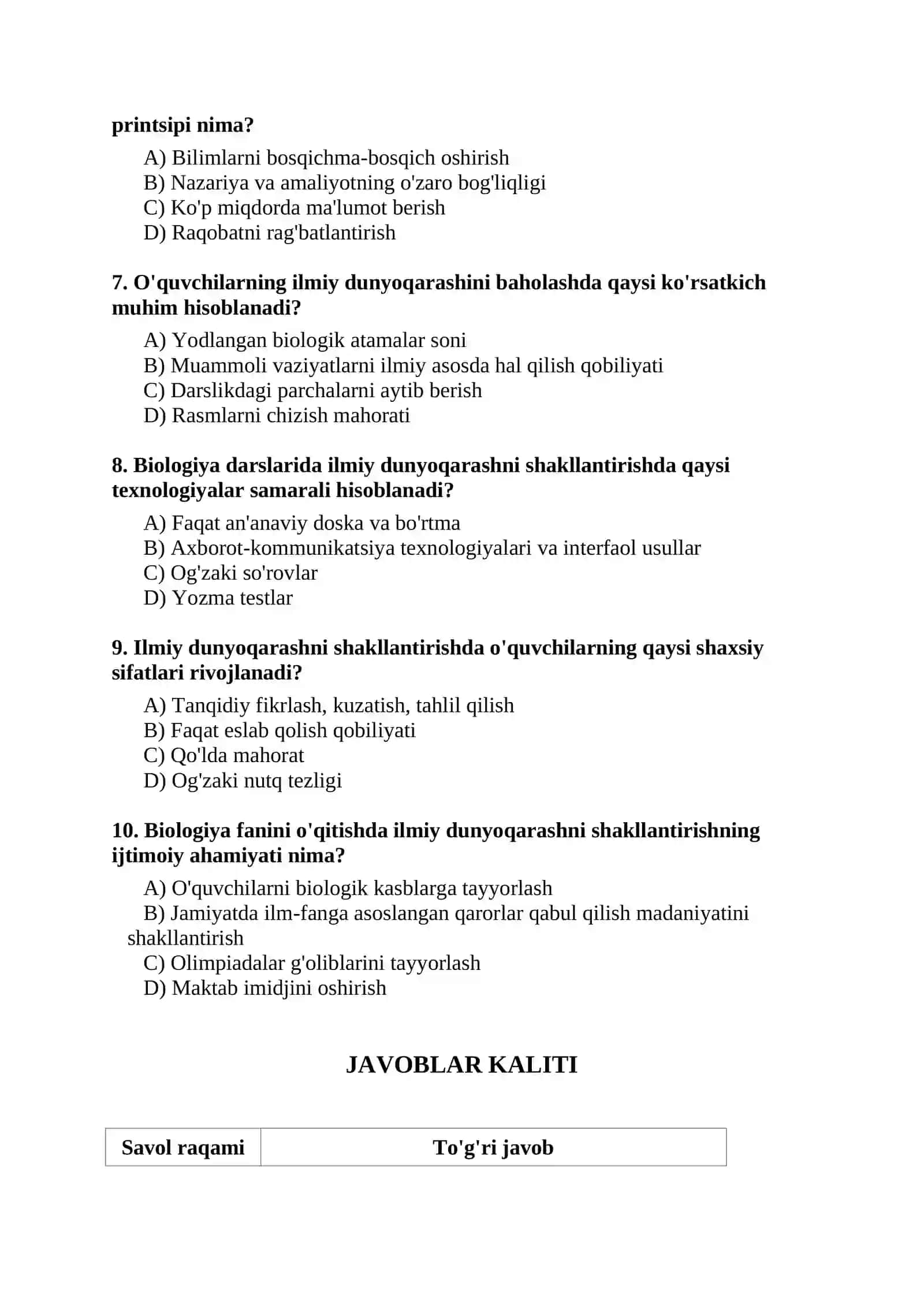 Biologiya test savollari 2