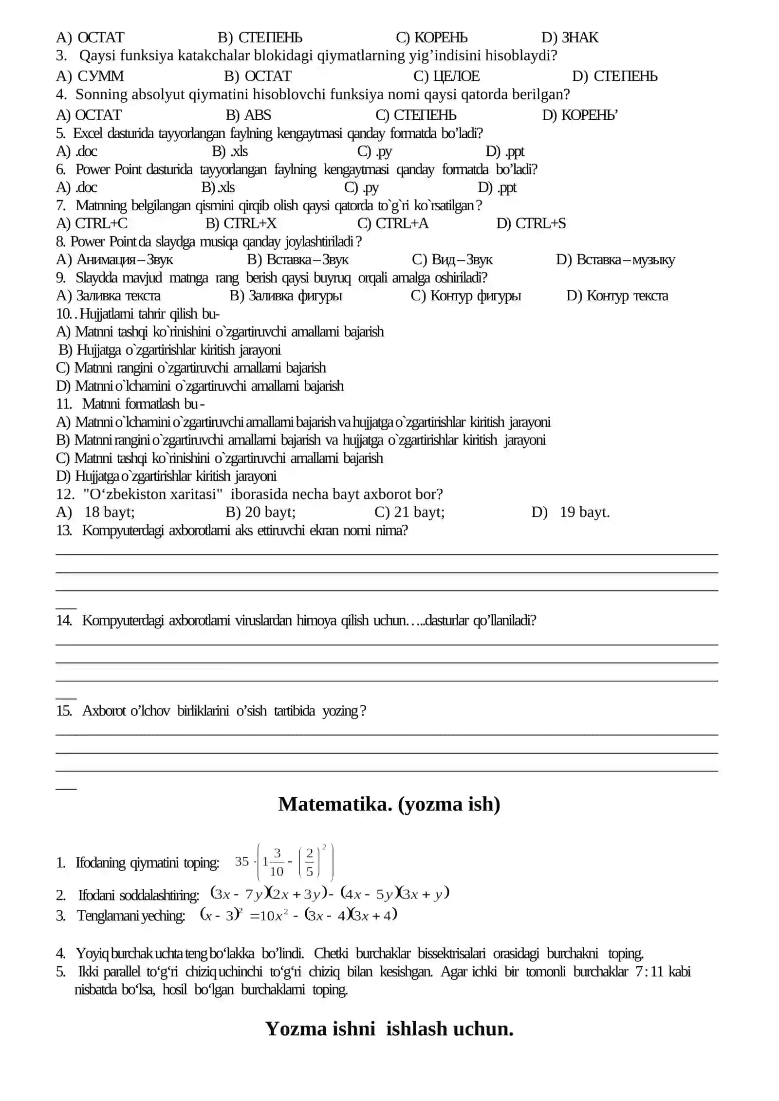 O`zbekiston tarixi. (test) 2