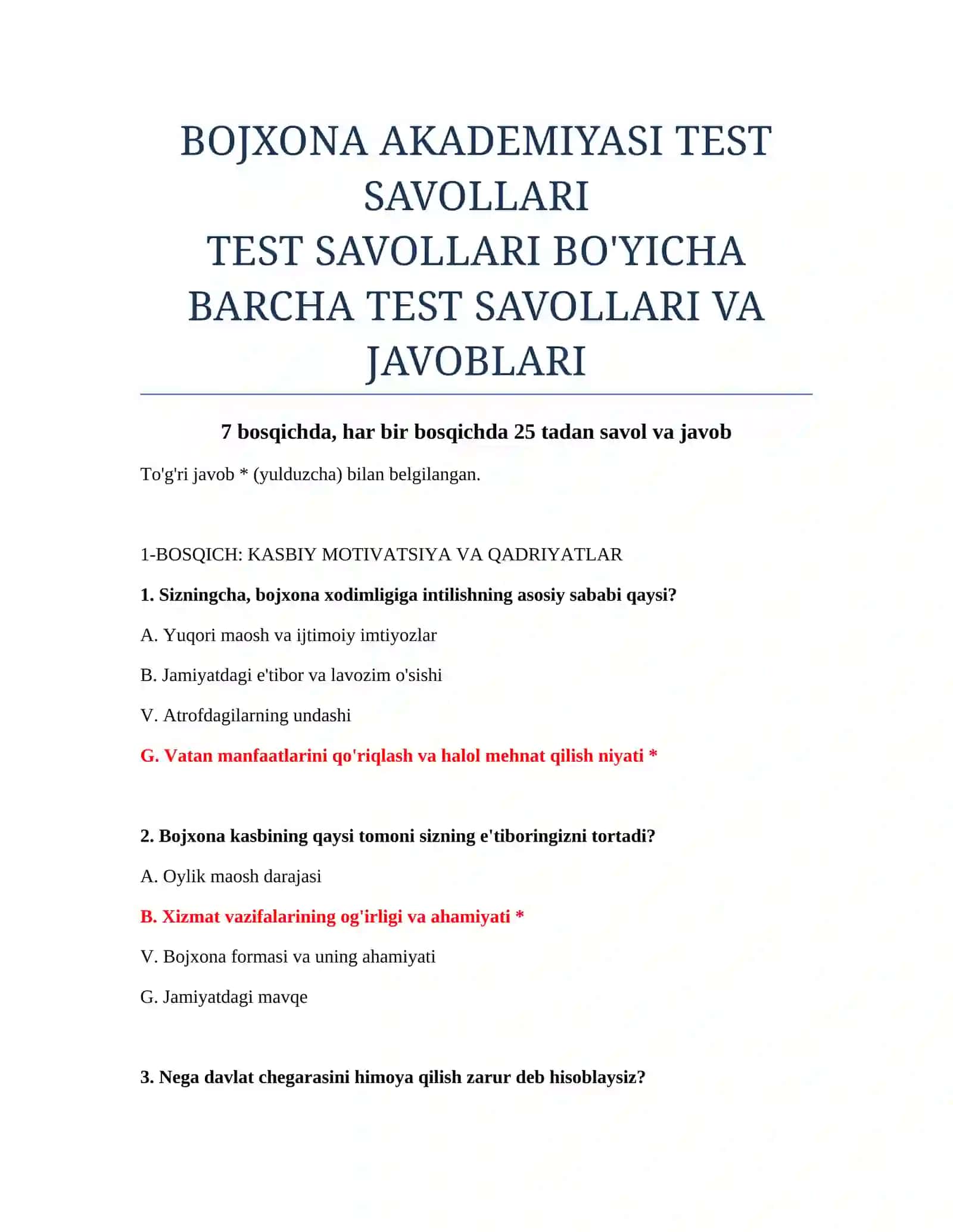 BOJXONA AKADEMIYASI TEST SAVOLLARI 2