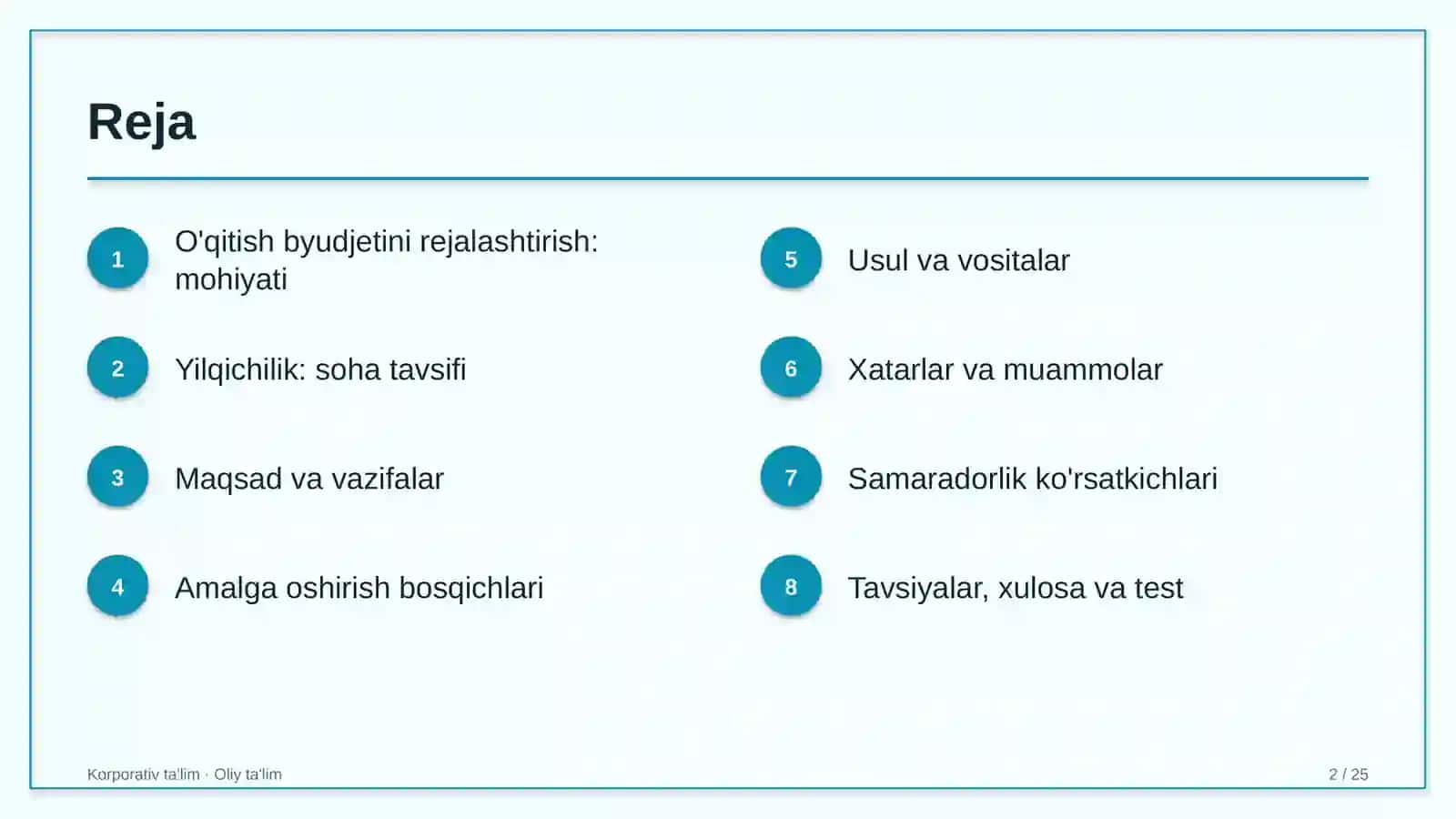 Yilqichilikda o'qitish byudjetini rejalashtirish 2