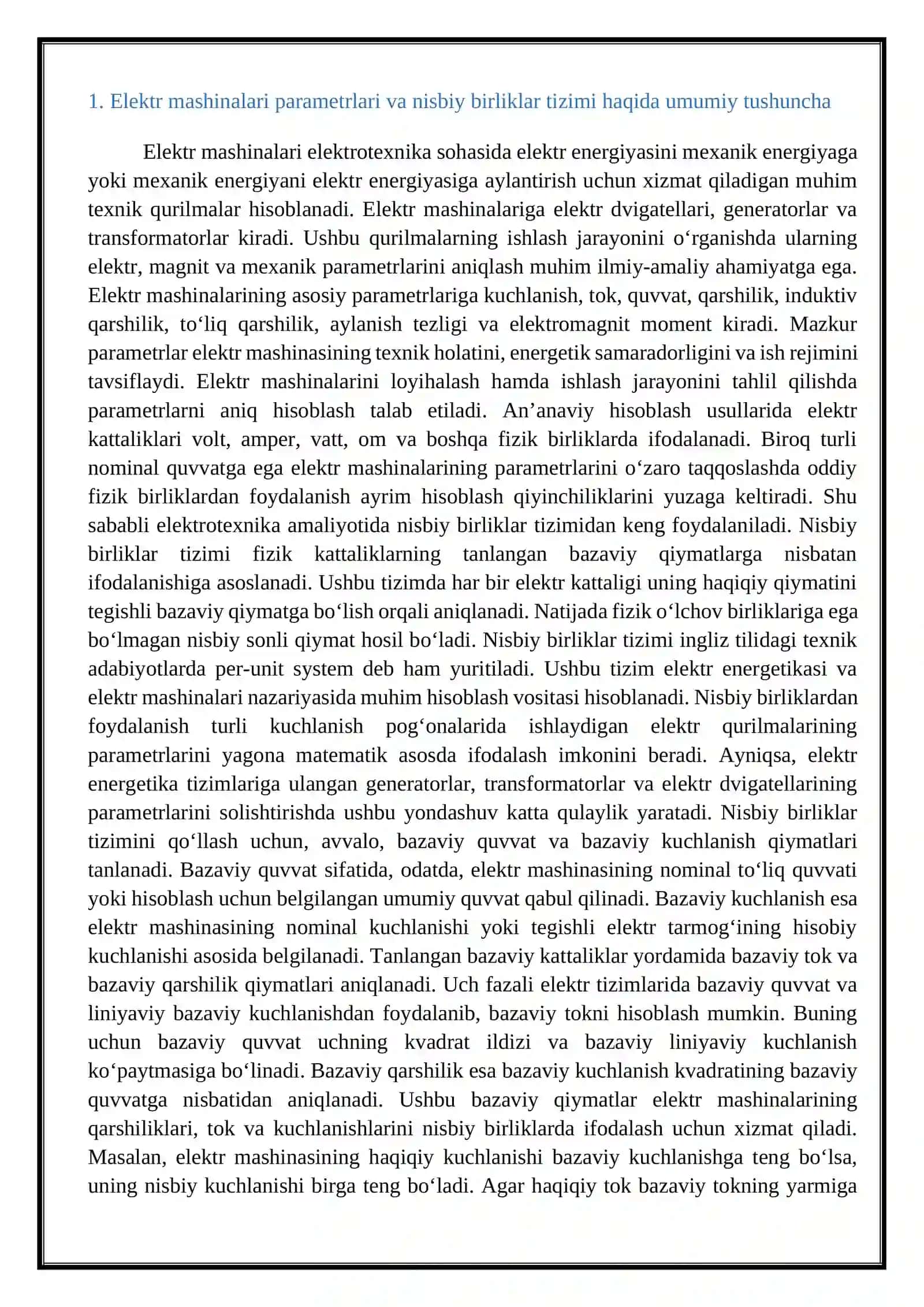 Elektr mashinalari parametrlarini nisbiy birliklarga o‘tkazish 2