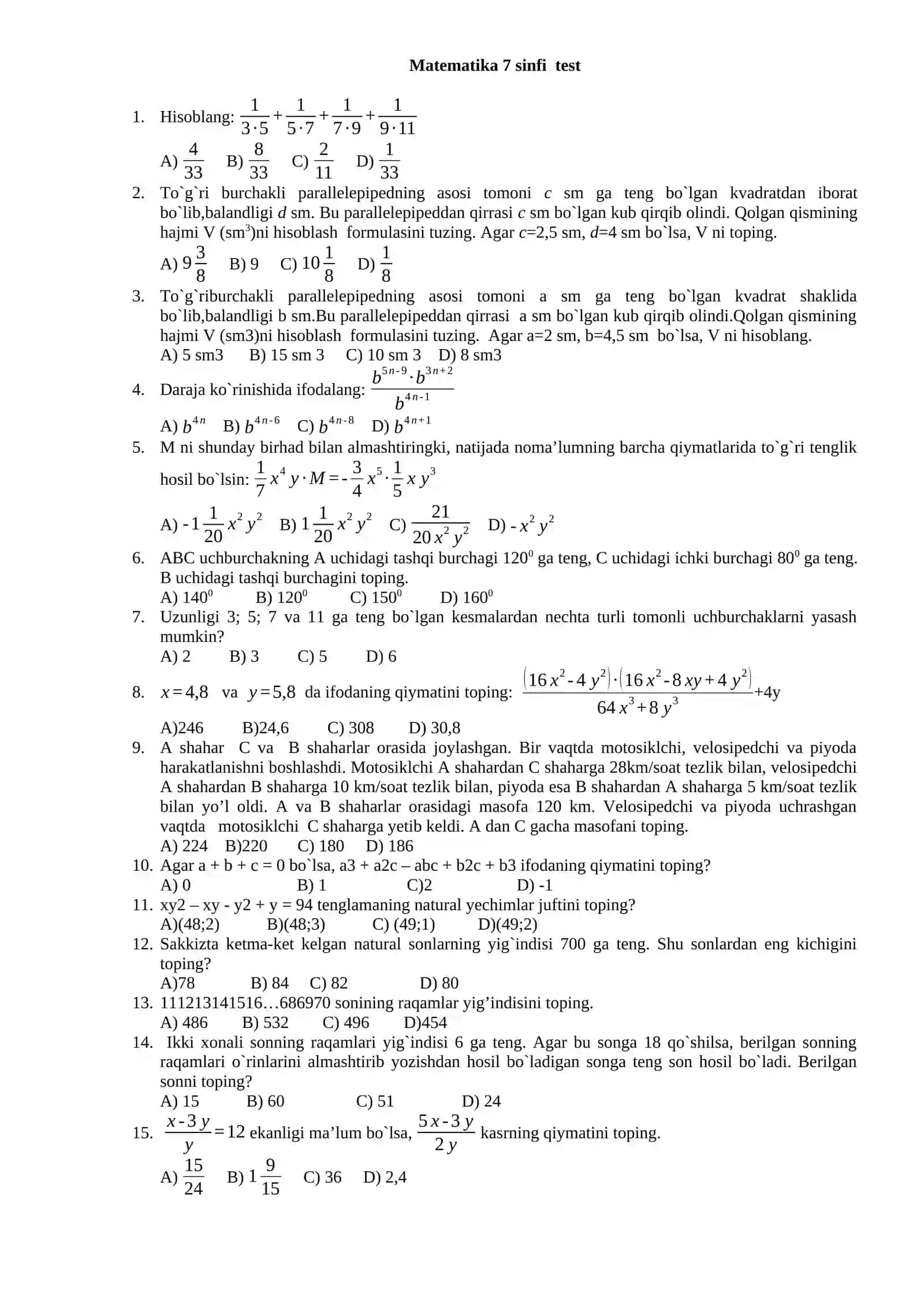 Matematika 7-sinf yozma ish 2