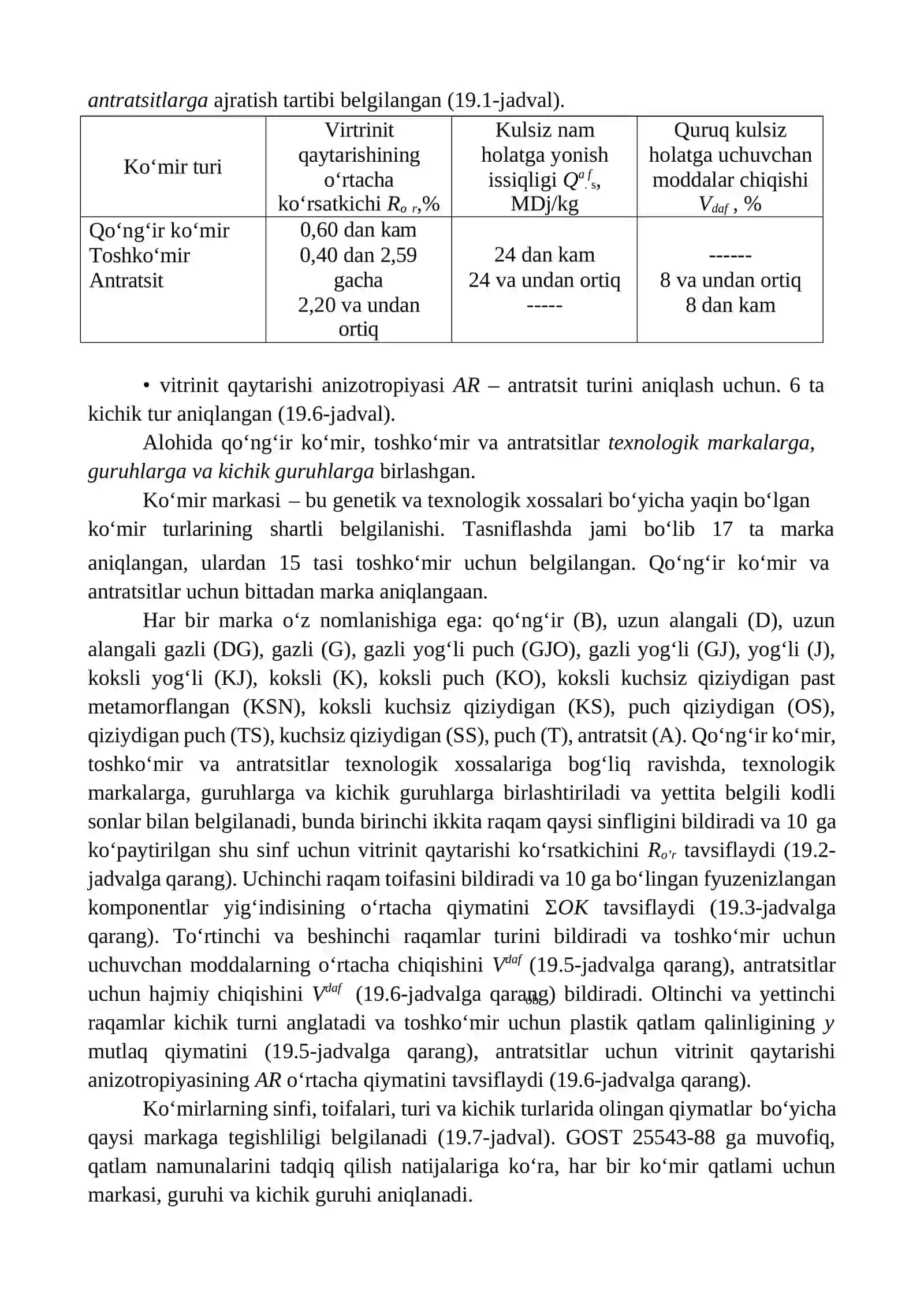 Genetik va texnologik o’lchamlar bo’yicha ko’mirning yagona tasnifi 2