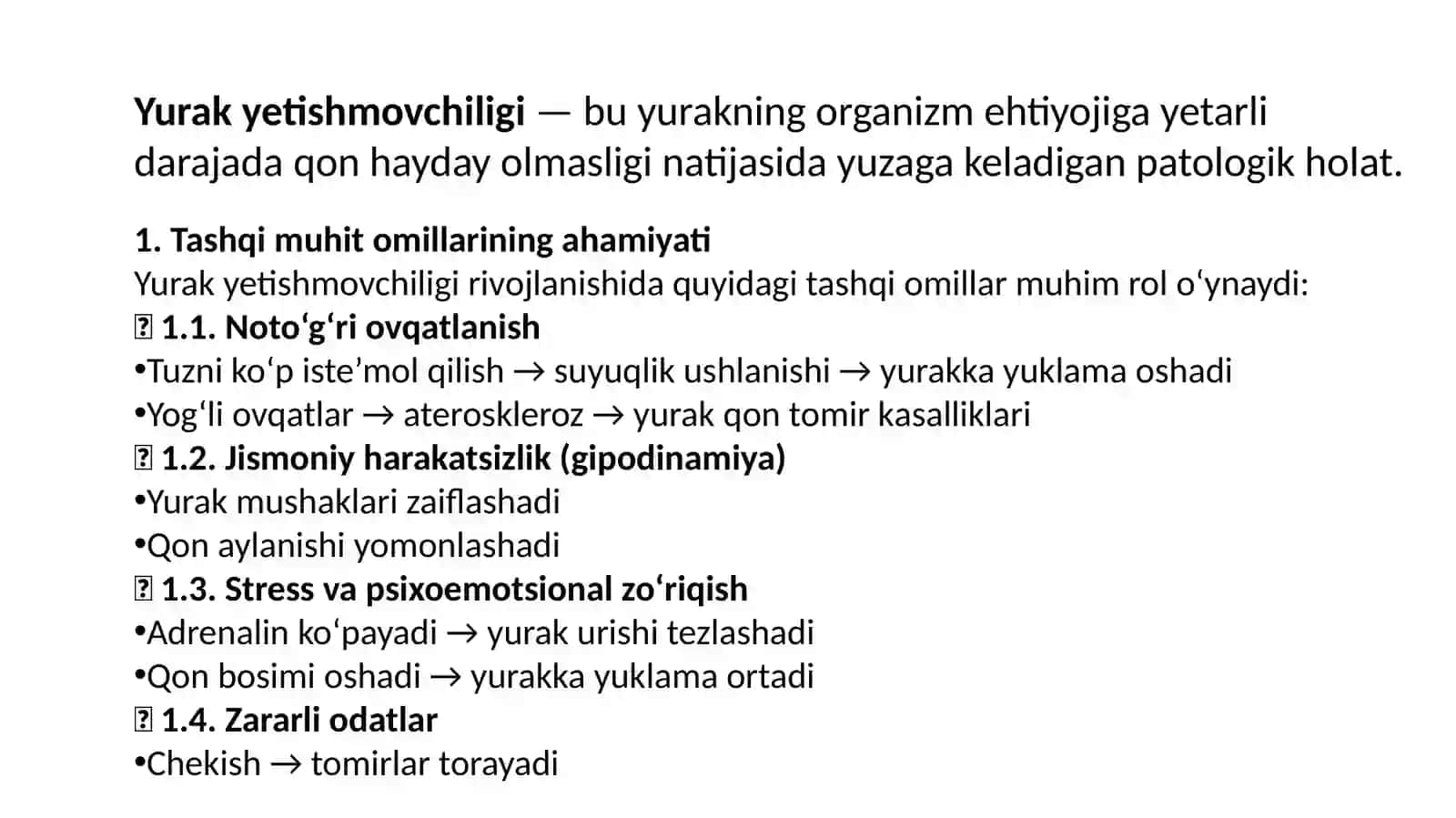 Yurak yetishmovchiligi rivojlanishida tashqi muhit omillarining ahamiyati.Yurakyetishmovchiligidashishpaydobolishidarenin-angiotenzin-aldosterontiziminingroli.Yurakyetishmovchiliginingklinikko'rinishlari,ularningmexanizmi 2