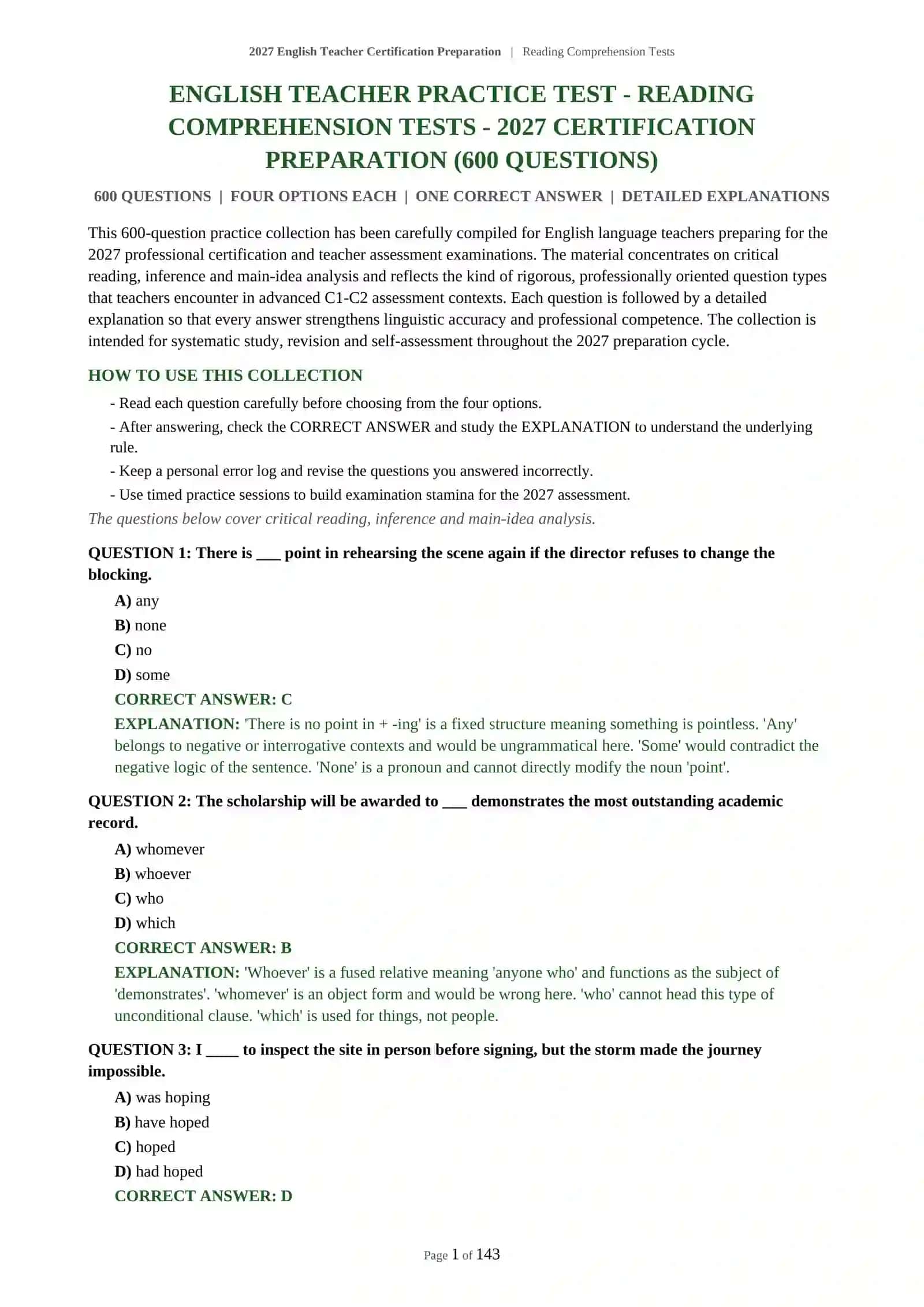 2027 English Teacher Certification Preparation | Reading Comprehension Tests 2