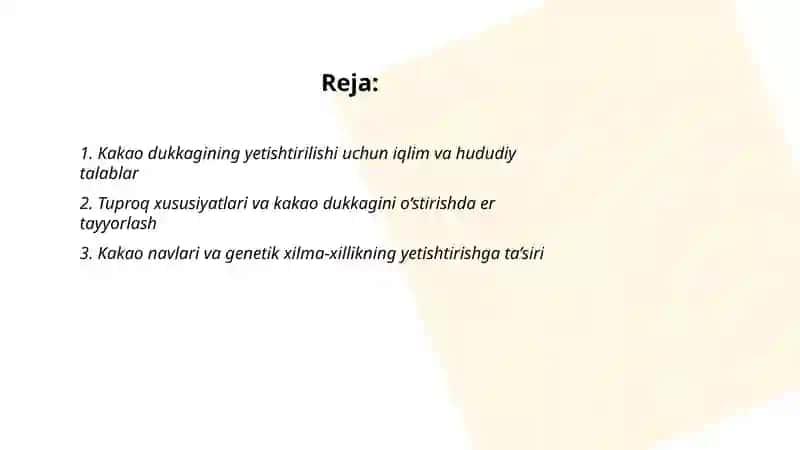 Kakao dukkagını yetishtirish, uning tuzilishi, o'lchamlari, navlari va kimyoviy tarkibi 2