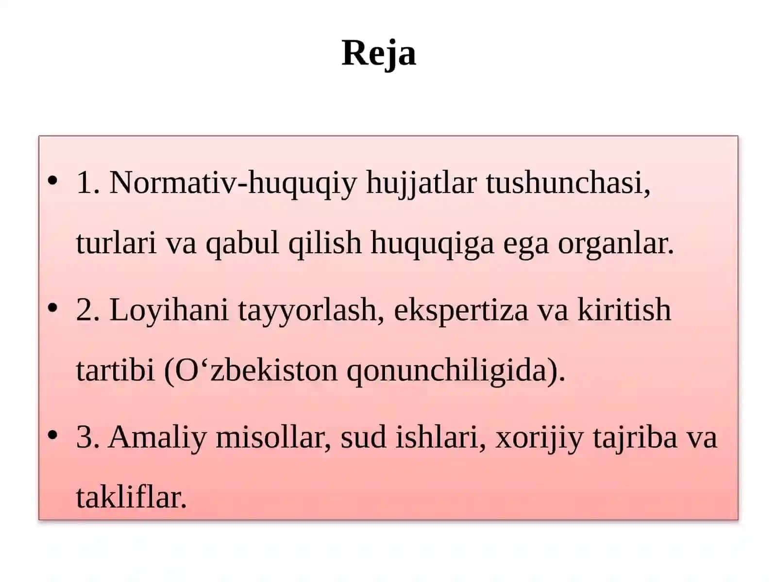 Normativ-huquqiy hujjat loyihasini normativ-huquqiy hujjat qabul qilish huquqiga ega bo'lgan organga kiritish. Normativ-huquqiy hujjatni qabul qilish 2