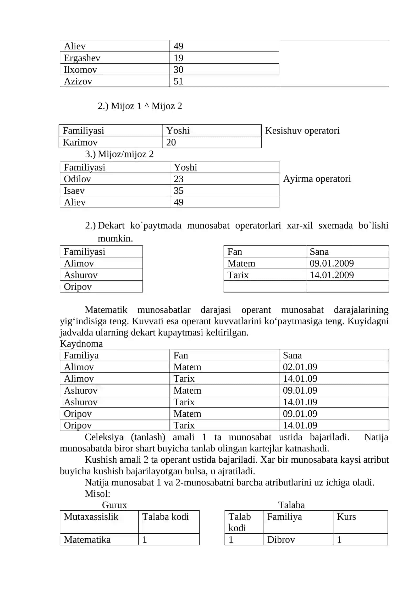 Malumotlar nazasida jadvallar bilan ishlash 2