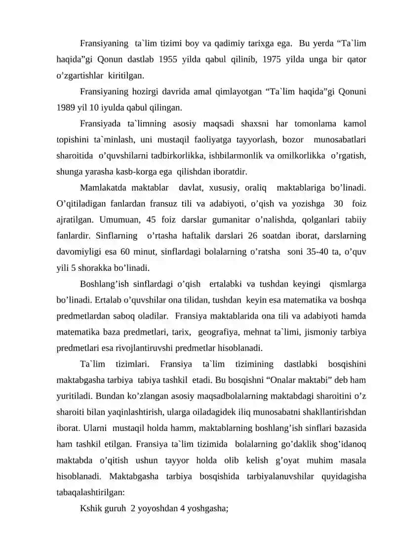 Fransiyada ta’lim siyosatining olib borilishi 2
