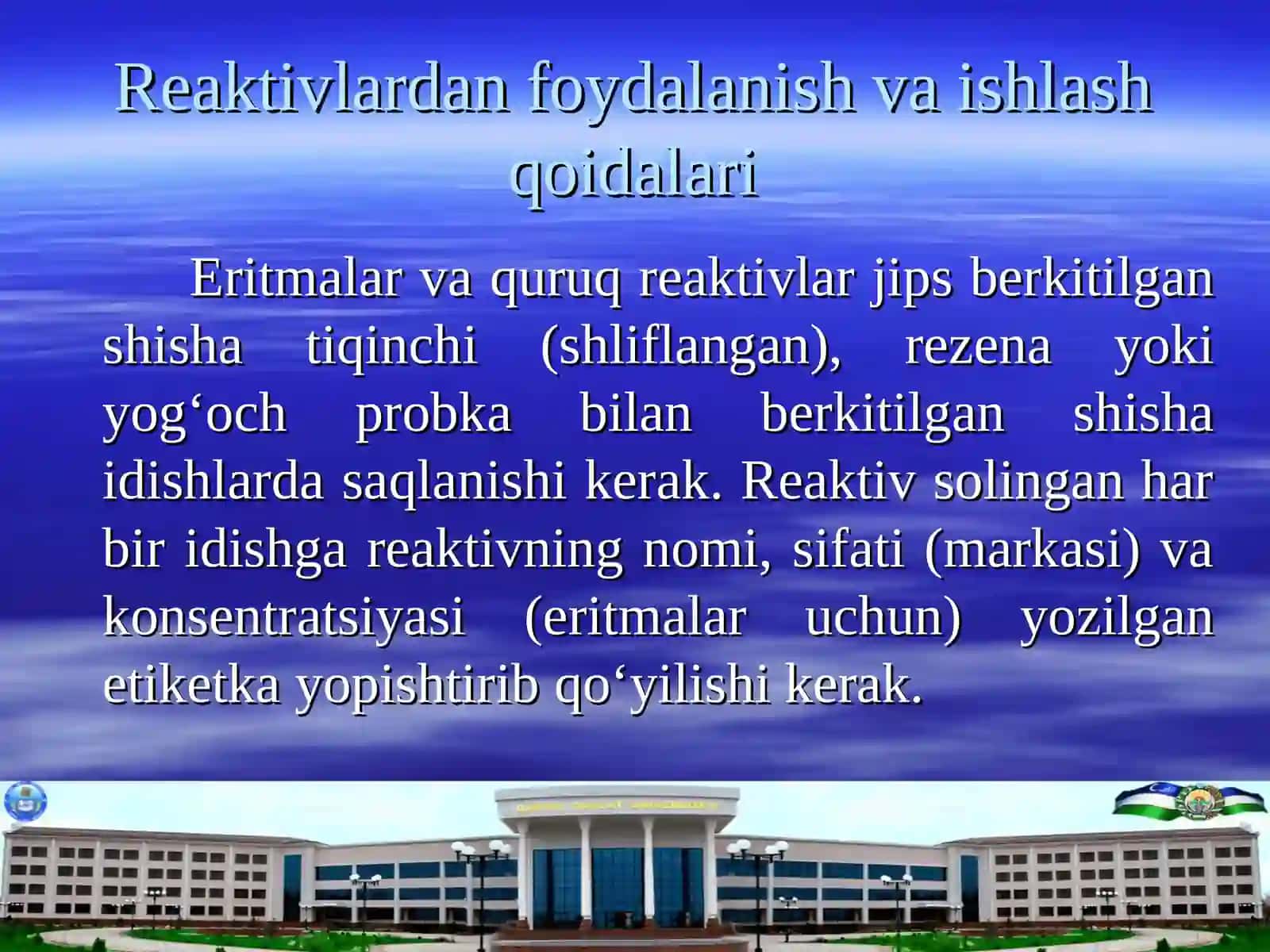 Noorganik kimyo laboratoriya xonasida ishlash xavfsizlik qoidalari. 2