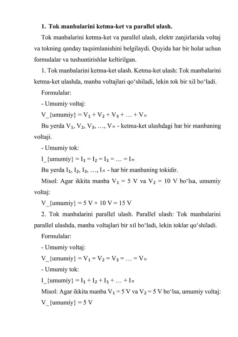 Tok manbalarini ketma-ket va parallel ulash 2