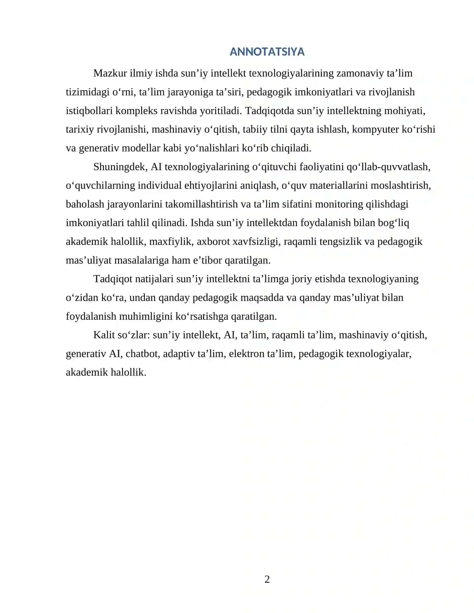 SUN’IY INTELLEKTNING ZAMONAVIY TA’LIM TIZIMIDAGI O‘RNI VA RIVOJLANISH ISTIQBOLLARI 2