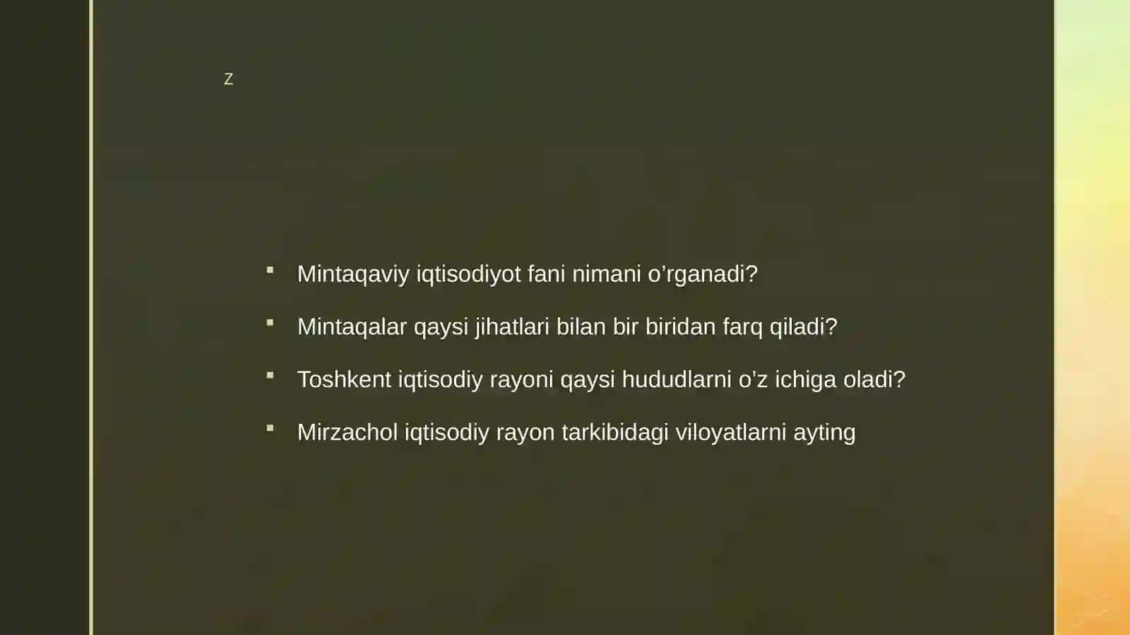 2-mavzu.Mintаqаlаrаhоlisivаmеhnаtrеsurslаrisаnоаttаrmоg’inirivоjlаnishxususiyatlаri;Qishlоqxo’jаligininghududiyixtisоslаshuvi;Trаnsportvааxbоrоtkоmmunikаtsiyainfrаtuzilmаsiningmintаqаviyrivojlаnishxususiyatlari 2