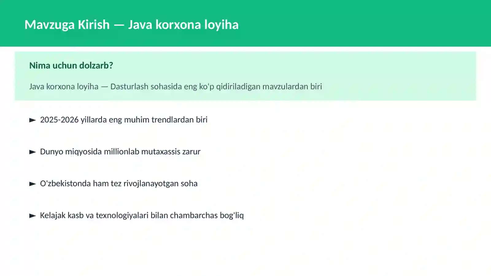 DASTURLASH | JAVA VA KORXONA 2