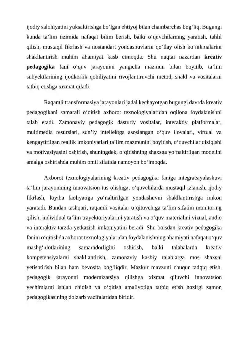Kreativ pedagogika fanini o‘qitishda axborot texnologiyalardan foydalanishning ahamiyati va zarurati 2