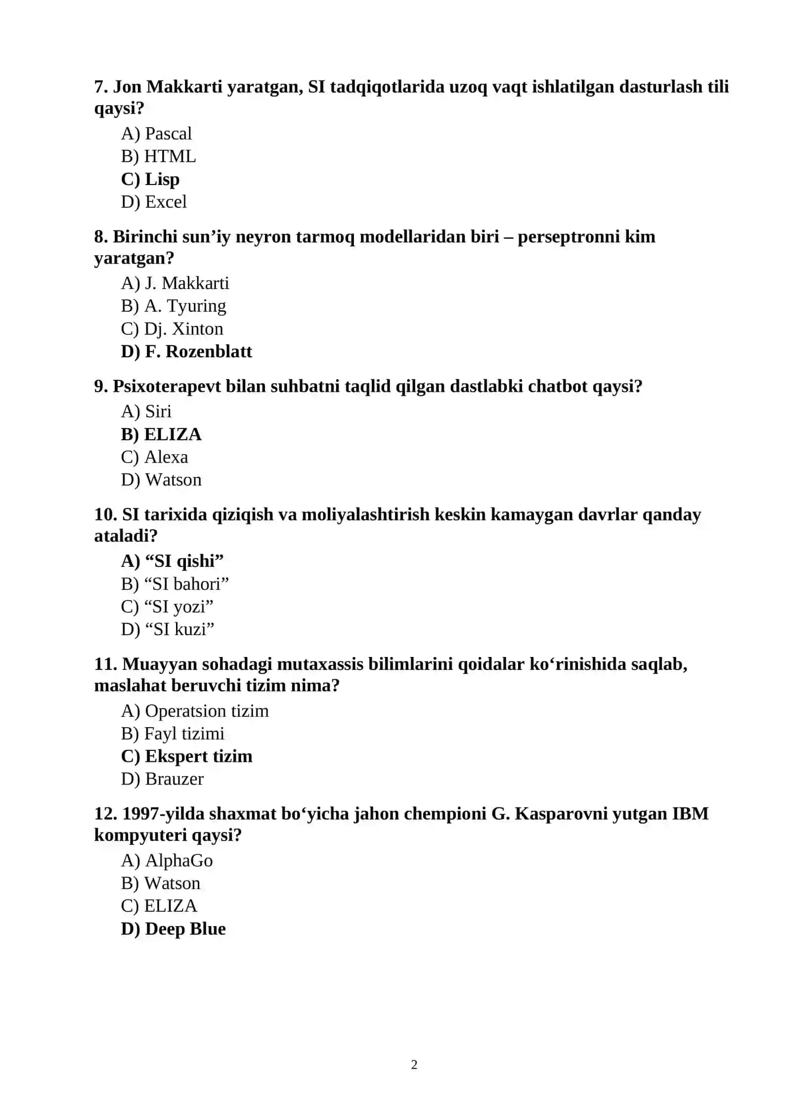 Sun’iy intellekt fanidan 100 ta test savollari javoblari bilan 2