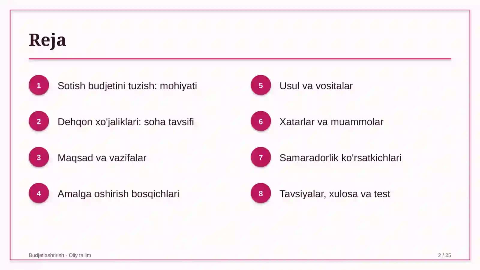Dehqon xo'jaliklarida sotish budjetini tuzish 2