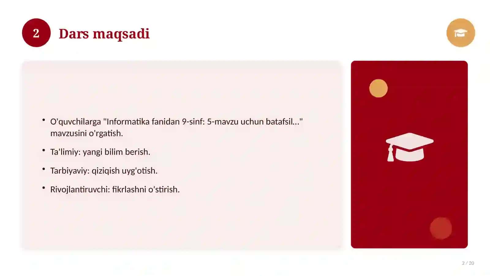 Informatika fanidan 9-sinf: 5-mavzu uchun batafsil dars ishlanmasi 2