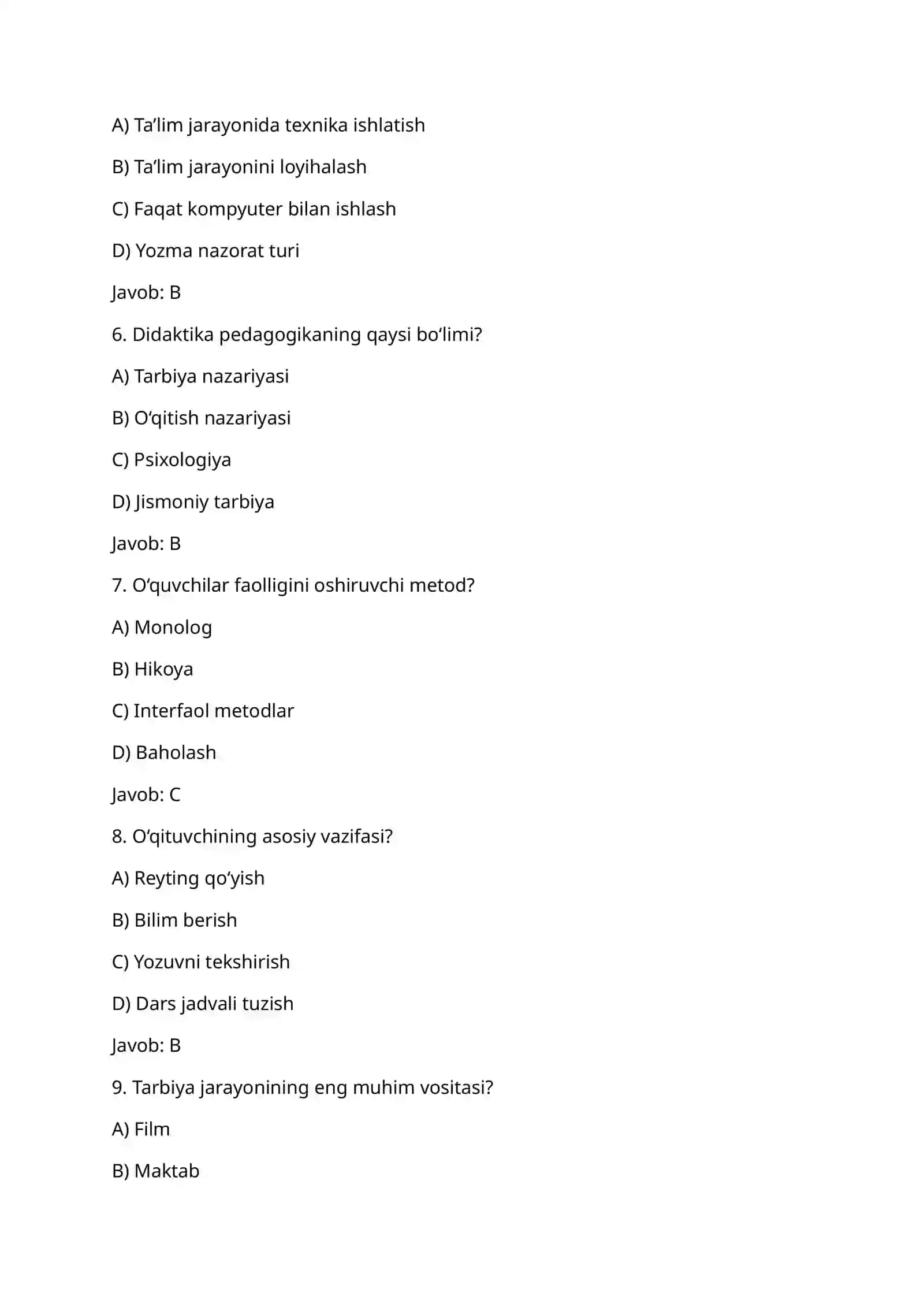 PEDAGOGIKA BO‘YICHA 20 TA TEST 2