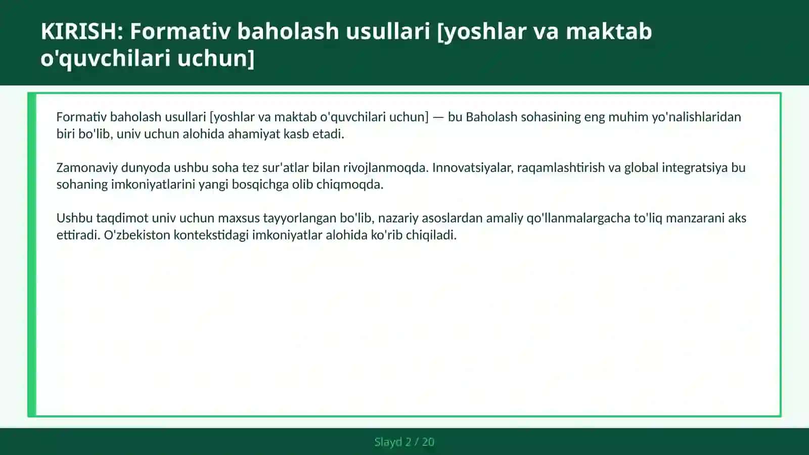 Formativ baholash usullari [yoshlar va maktab o'quvchilari uchun] 2