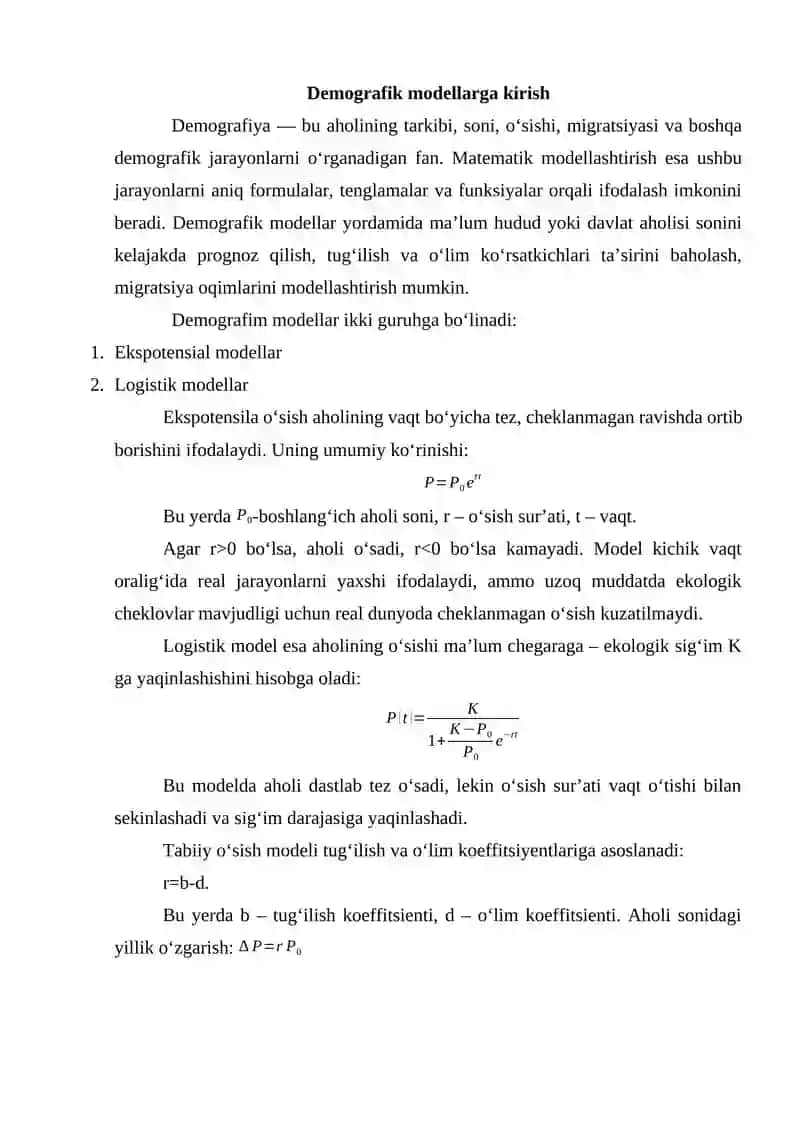 DEMOGRAFIK MODELLARGA DOIR MASALALAR YECHISH 2
