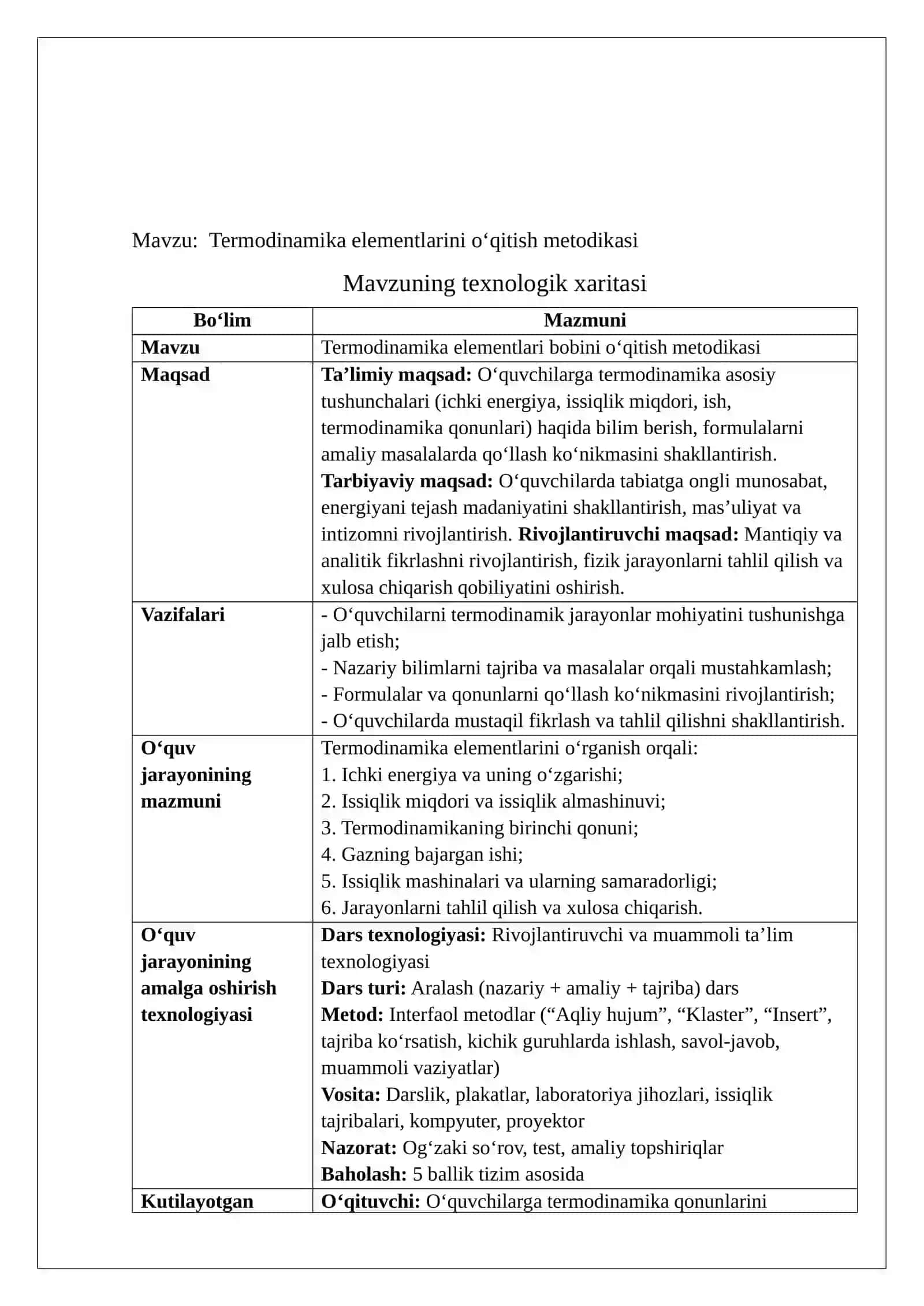 Termodinamika elementlarini o‘qitish metodikasi 2