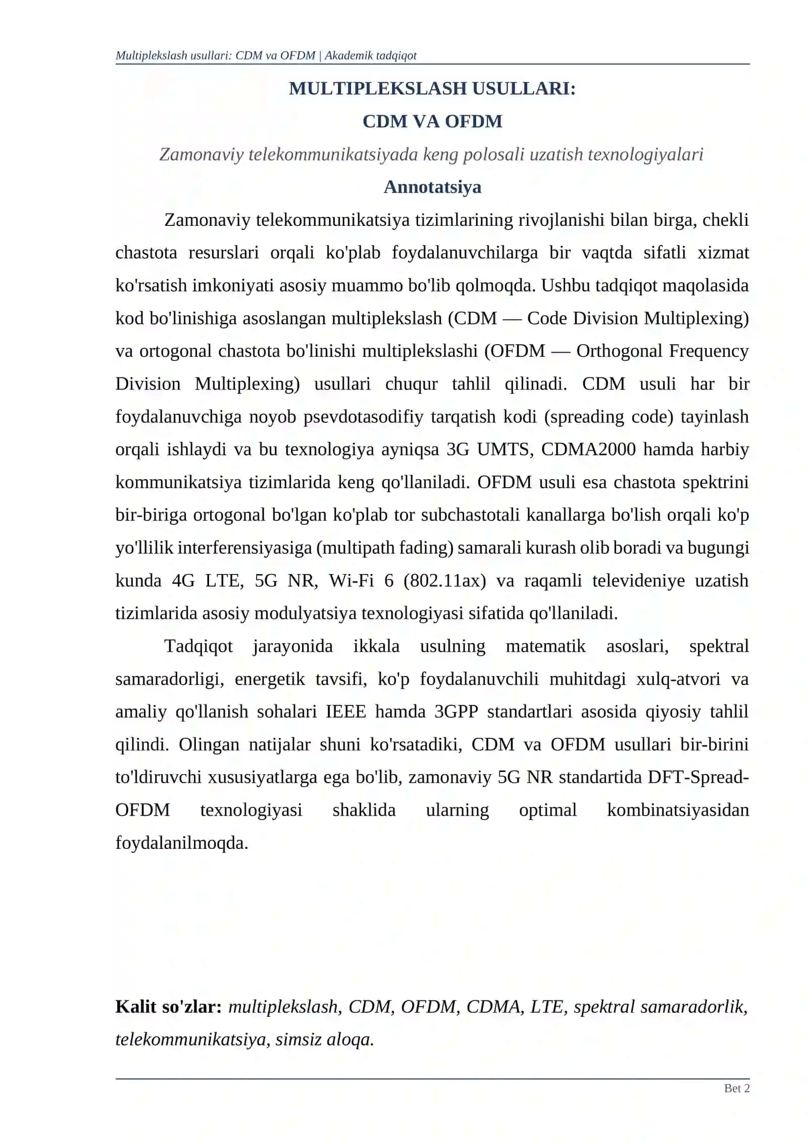 MULTIPLEKSLASH USULLARI: CDM VA OFDM 2