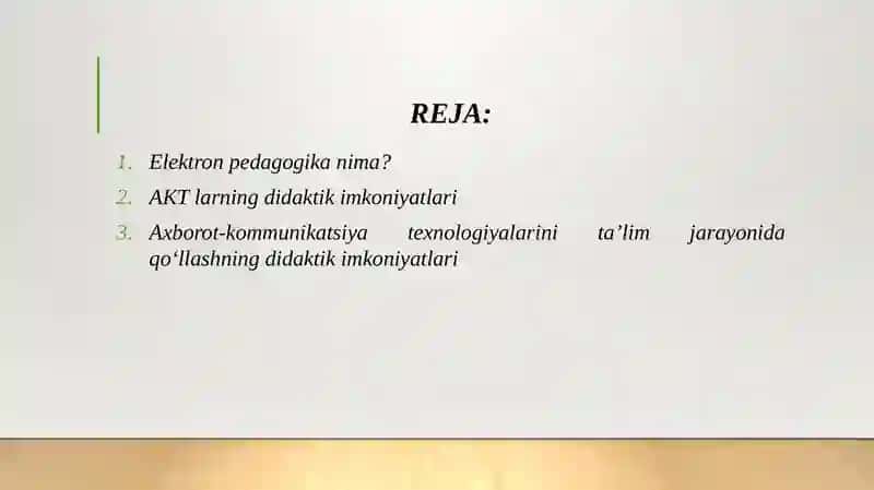 Elektron pedagogika - pedagogikaning zamonaviy tarmog'i sifatida. Axborot - kommunikatsiya texnologiyalari va ularni Ta'lim jarayonida qo'llashning didaktik imkoniyatlari. 2