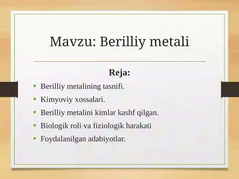 Berilliy metalining tasnifi 2