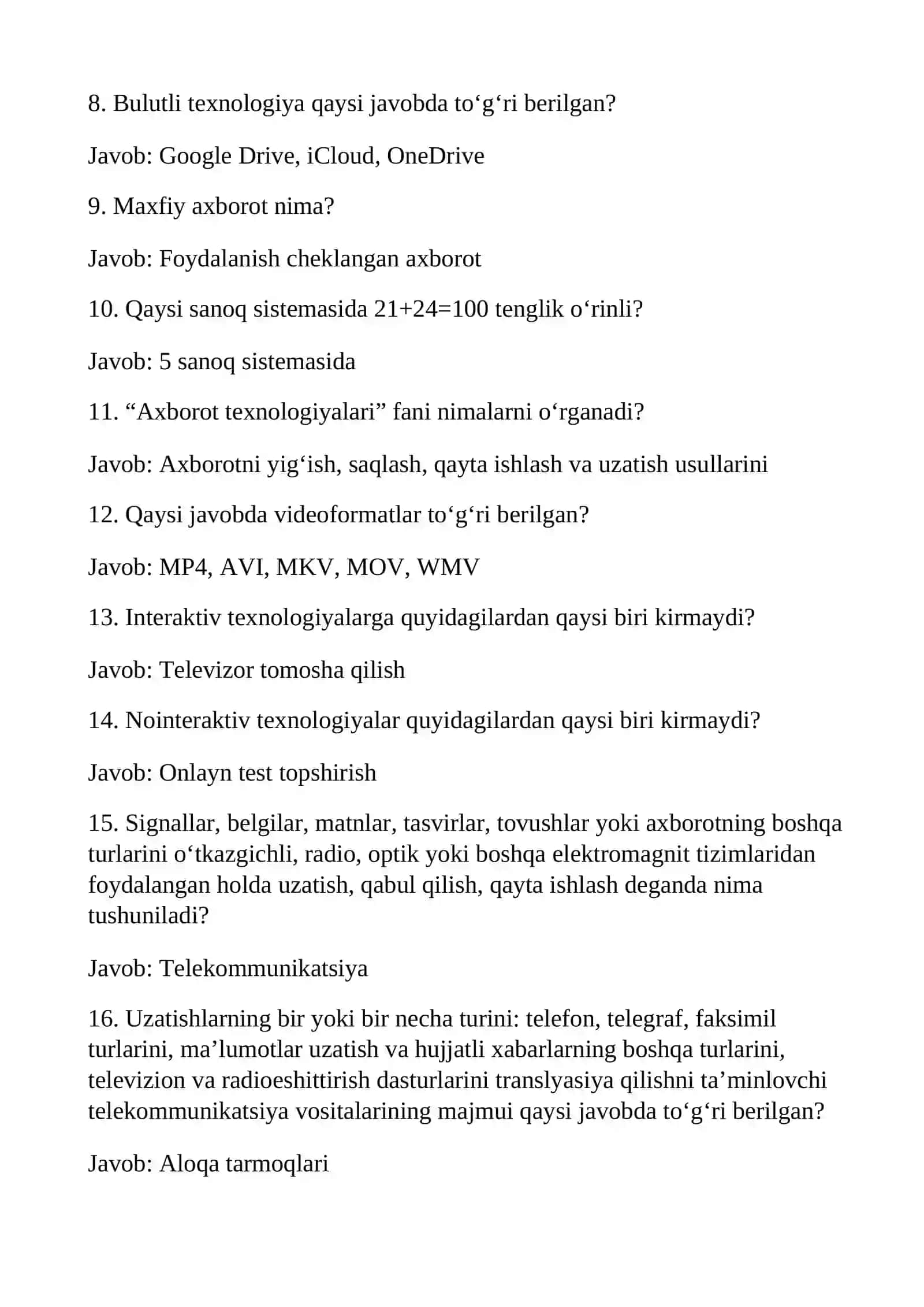 Argost test javoblari barcha soxa vakillari uchun 2