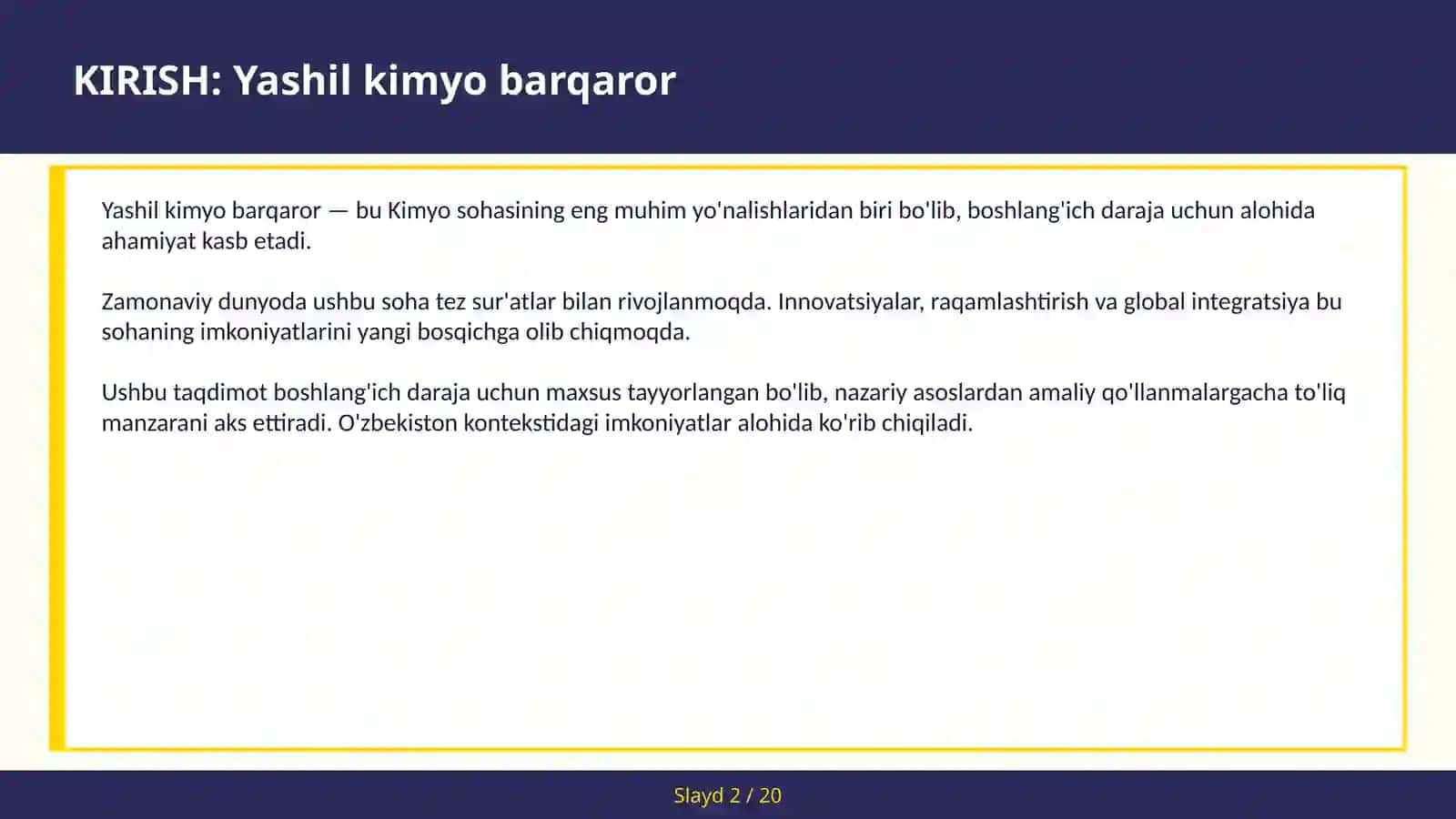 YASHIL KIMYO BARQAROR 2
