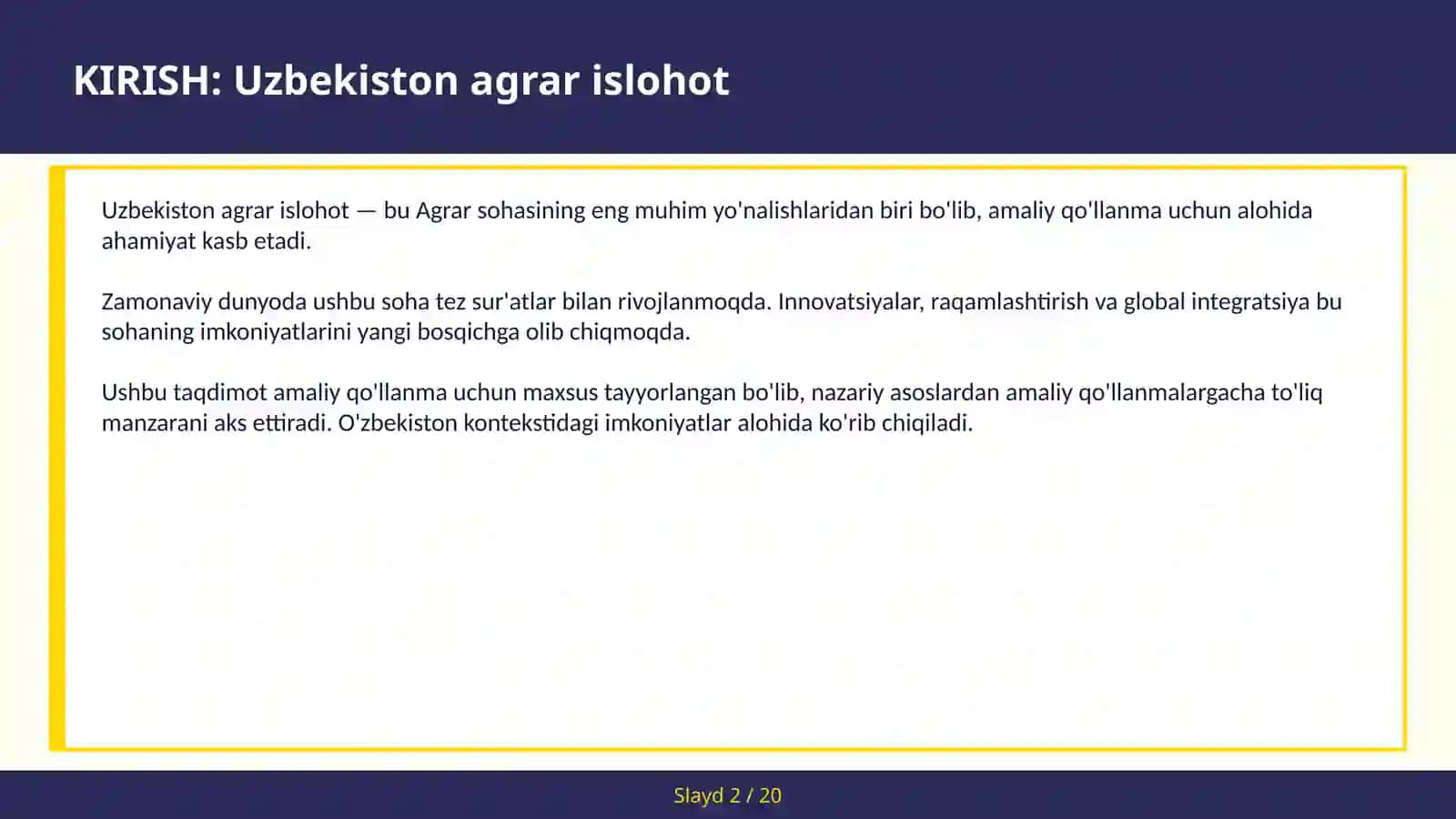 Uzbekiston agrar islohot 2
