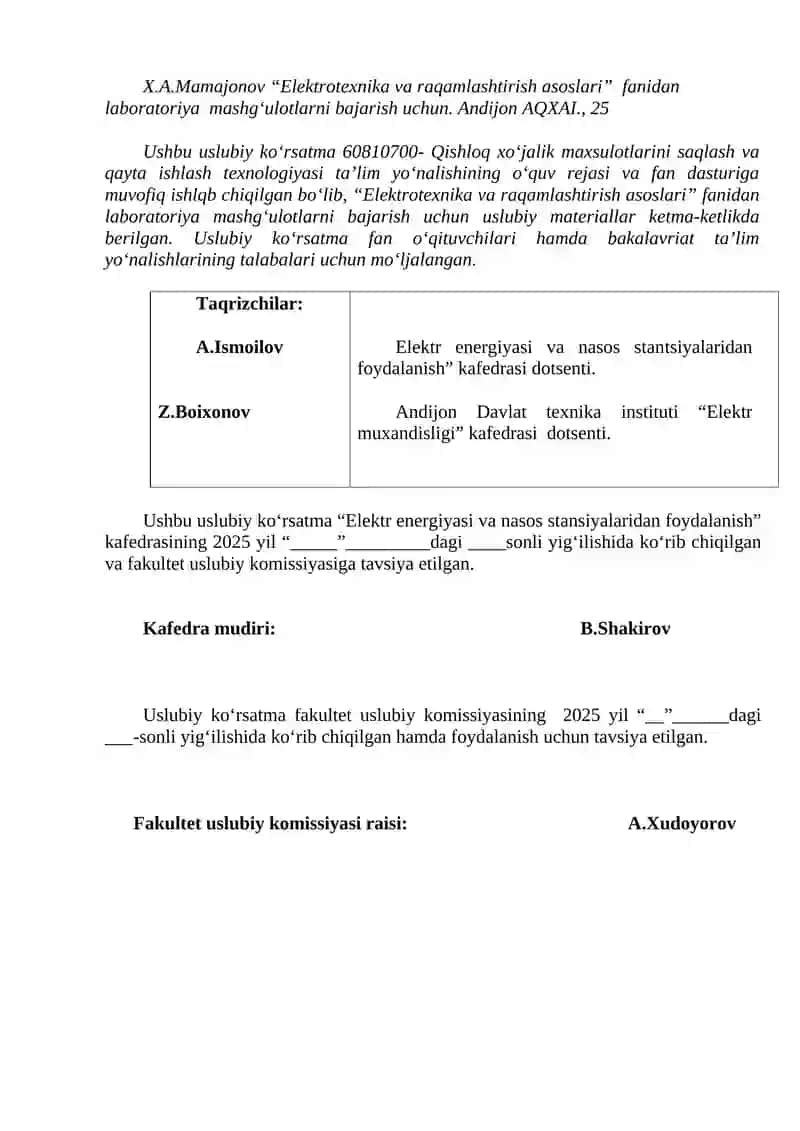 "Elektrotexnika va raqamlashtirish asoslari" fanidan laboratoriya mashg‘ulotlarni bajarish uchun 2