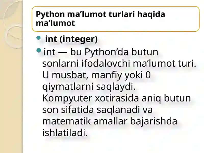 PYTHON DASTURLASH TURLARI: INT, FLOAT, STR 2