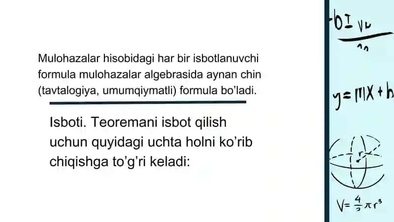 Mulohazalar algebrasining umum qiymatli formulalari 2
