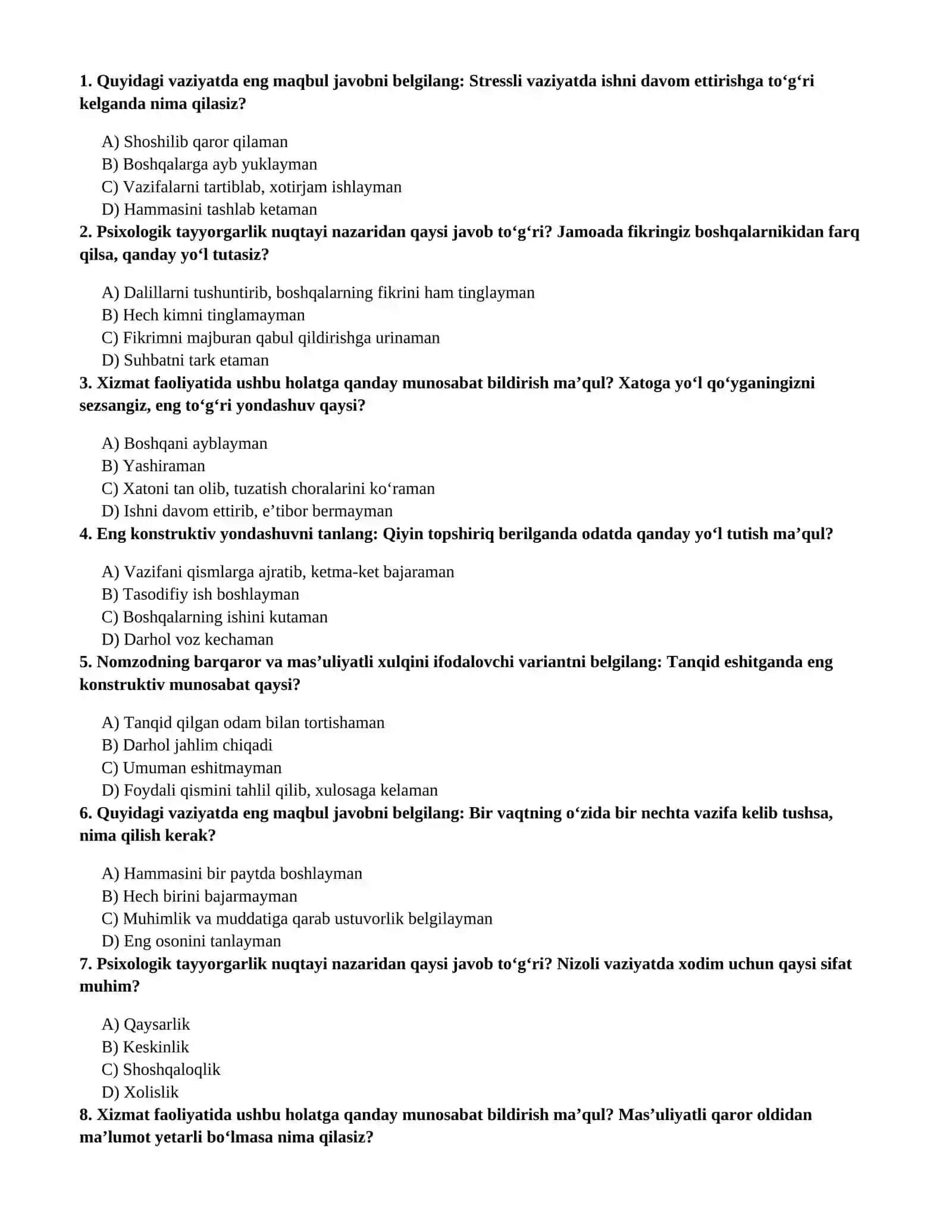 Bojxona sohasiga ishga kirish uchun 250 ta psixologik test savollari va javoblari 2