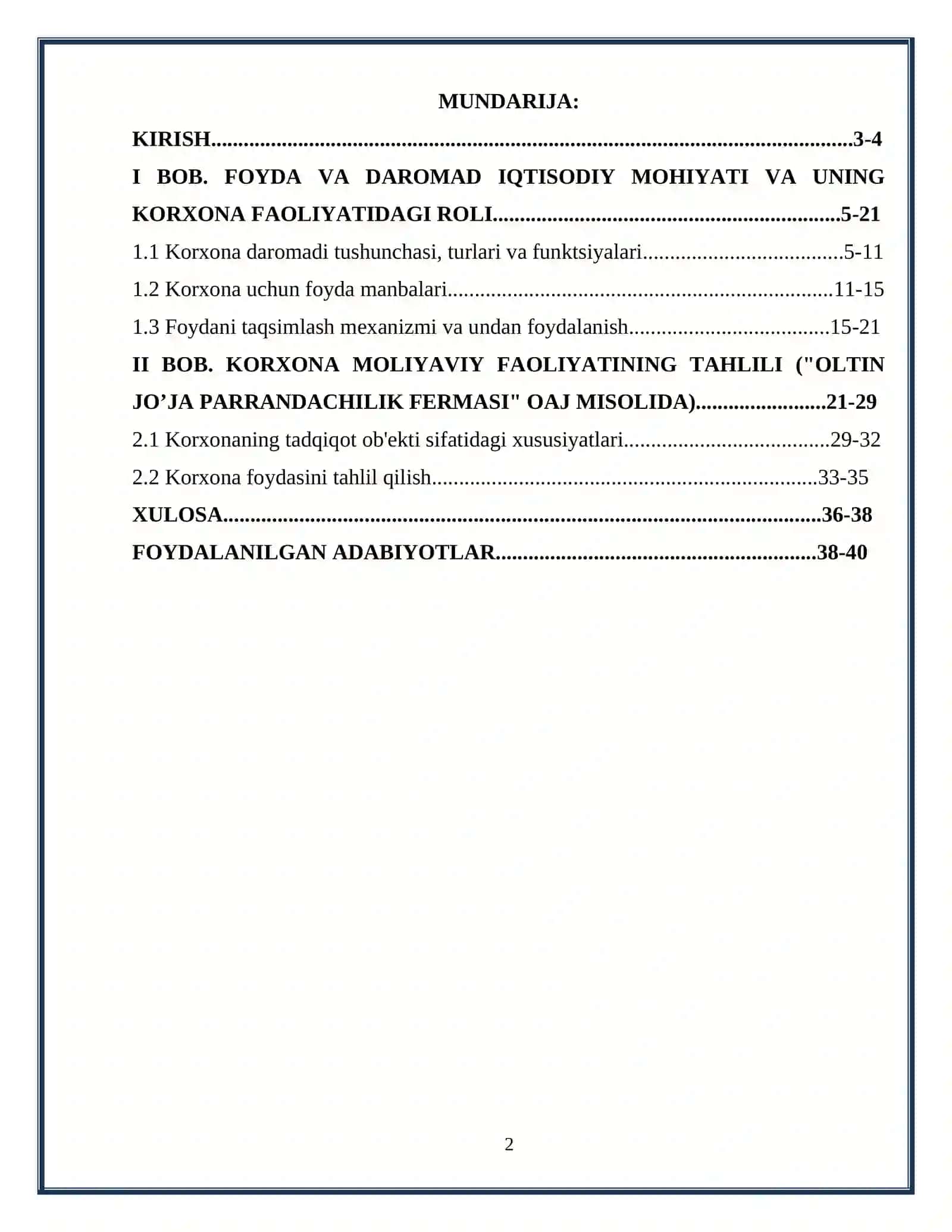 TOSHKENT AMALIY FANLAR UNIVERSITETI MOLIYA FAKULTETI KURS ISHI: KORXONA FOYDASINI SHAKLLANTIRISH VA UNDAN SAMARALI FOYDALANISH YO’LLARI 2
