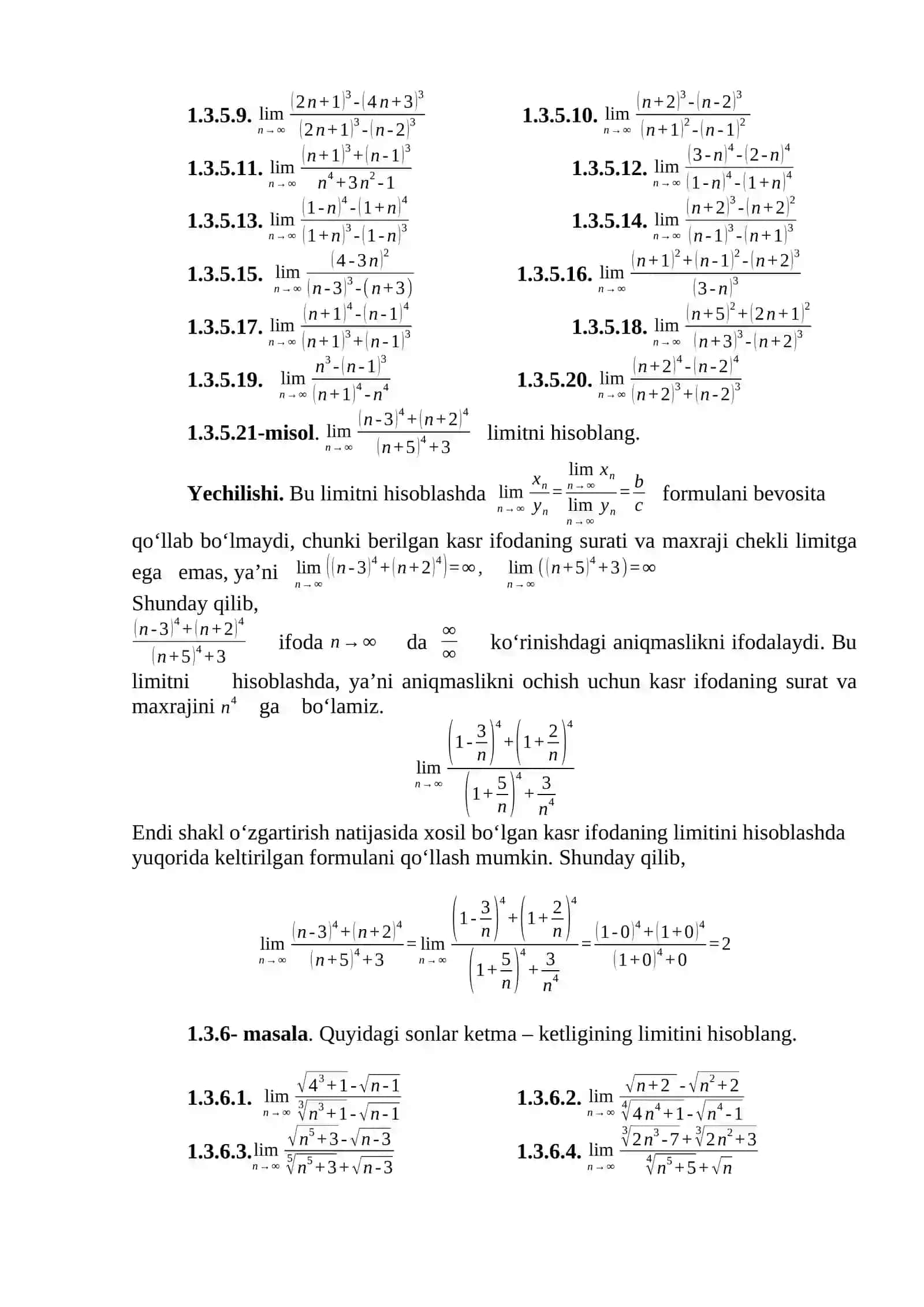 Masala 1.3.4- Ketma-ketlikning limiti 2