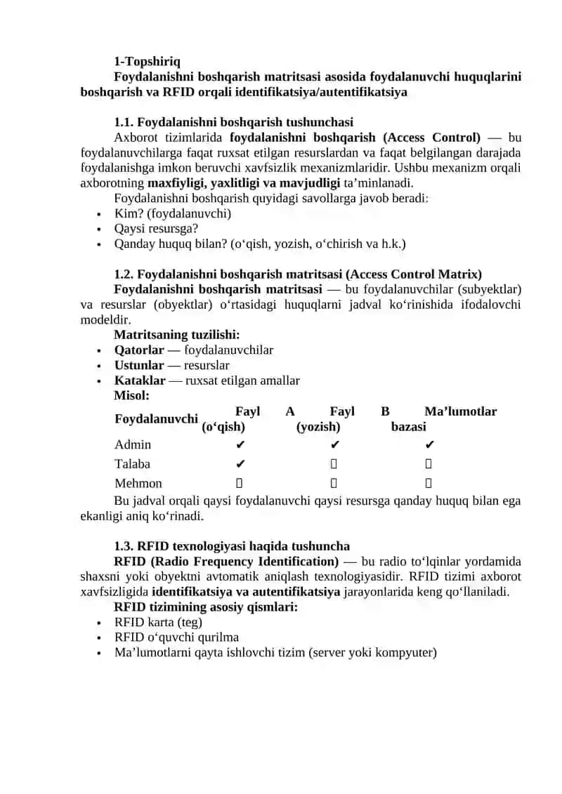 Foydalanishni boshqarish matritsasi asosida foydalanuvchi huquqlarini boshqarish va RFID orqali identifikatsiya/autentifikatsiya 2