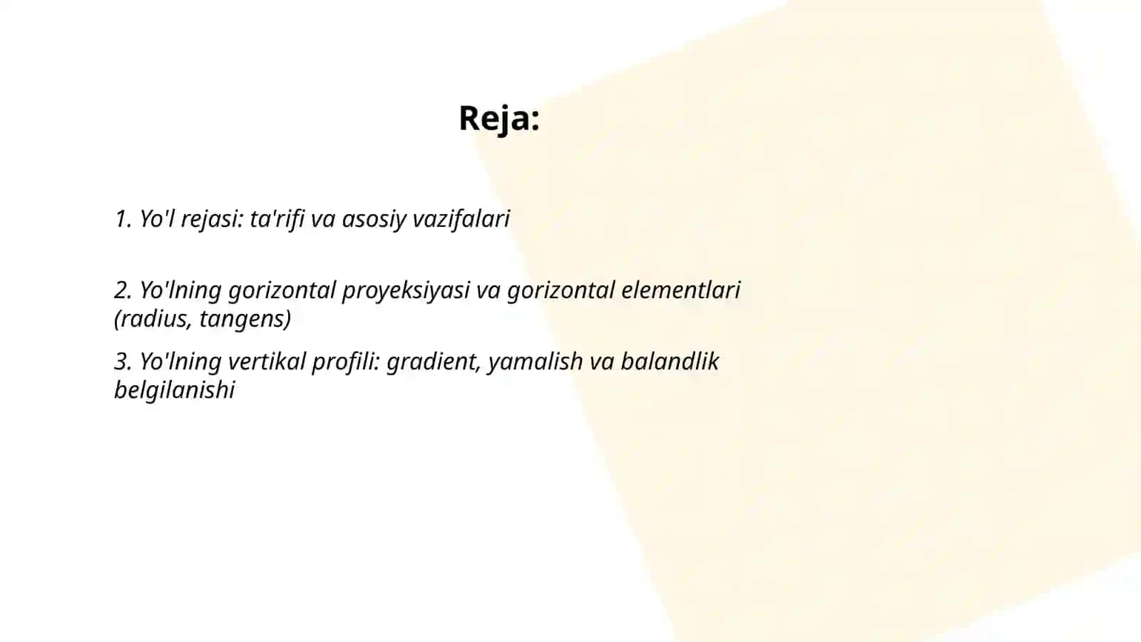 Yo'l rejasi va uning elementlari 2