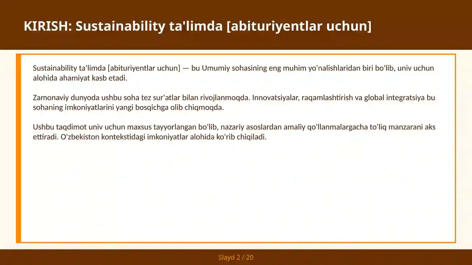 Sustainability ta'limda [Abituriyentlar uchun] 2