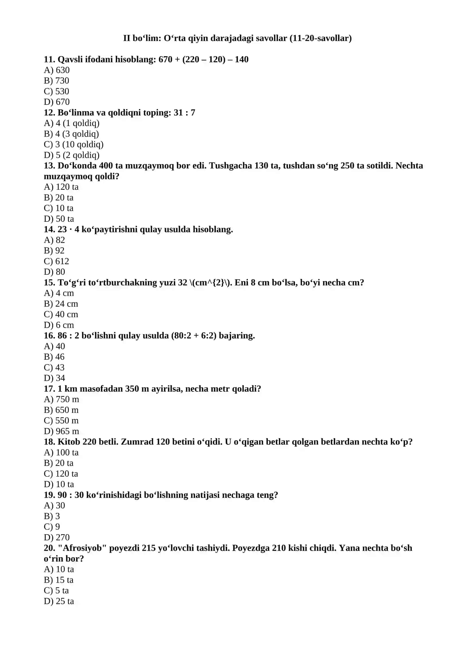 MATEMATIKA FANIDAN OLIMPIADA TESTLARI (3-SINF) 2