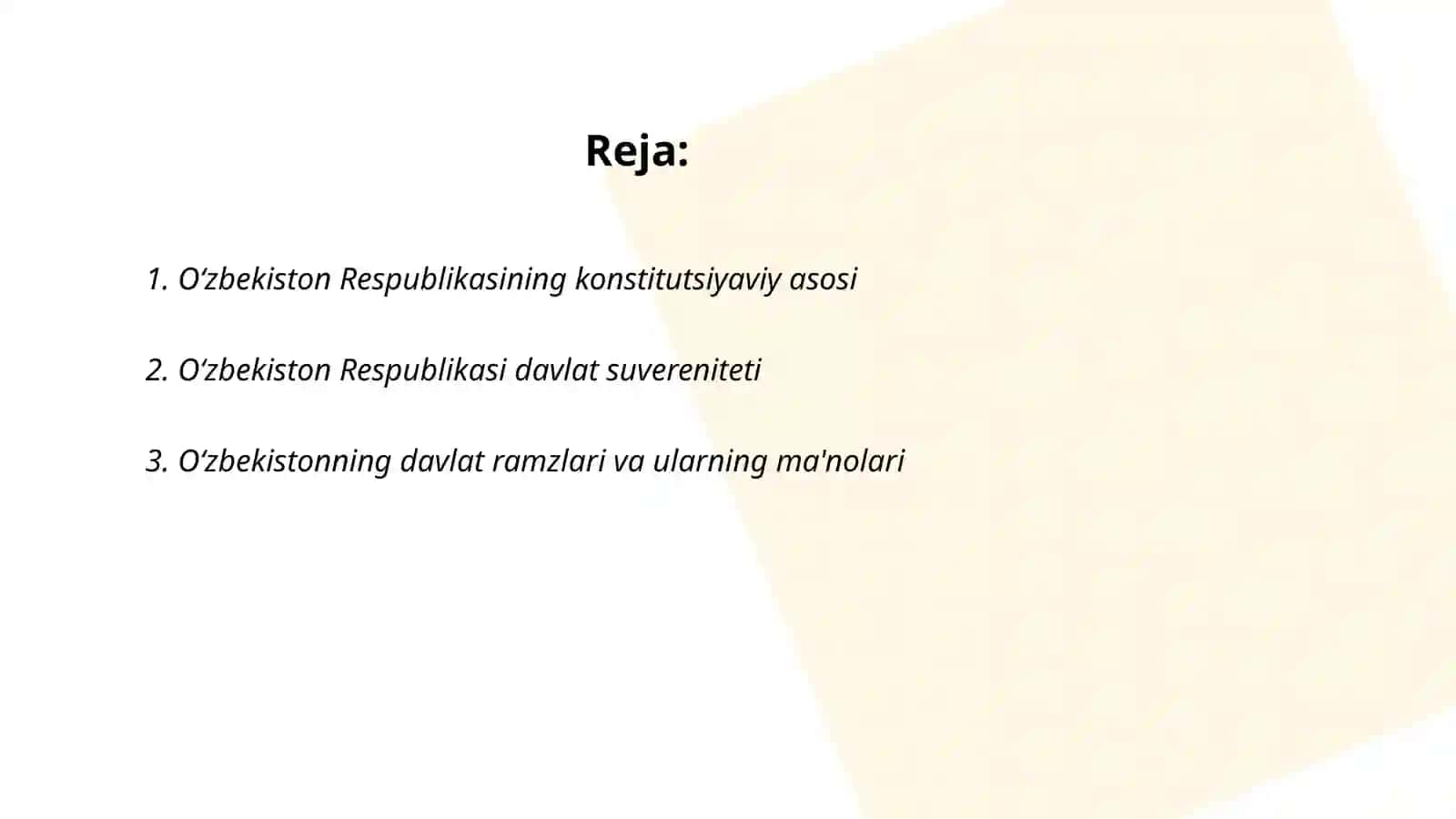 O'zbekiston respublikasi konstitutsiyasi fanidan tayyorlagan taqdimoti 2