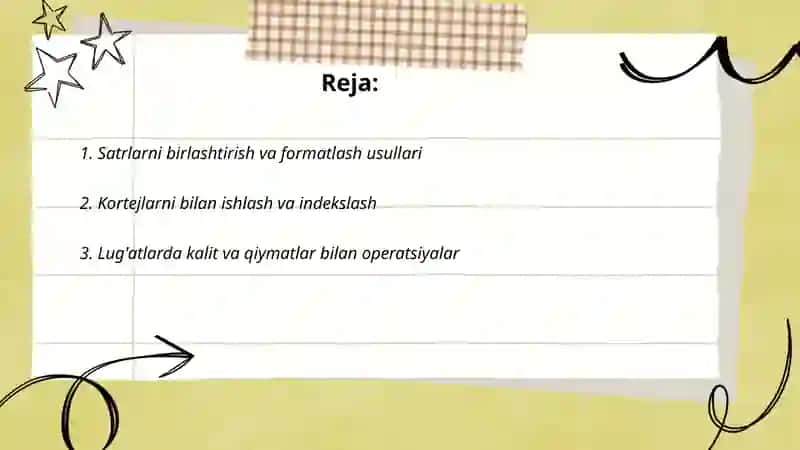 Python dasturlash tilida satrlar, kortejlar, lug'atlar, ro'yxatlar qatnashgan dasturlar 2