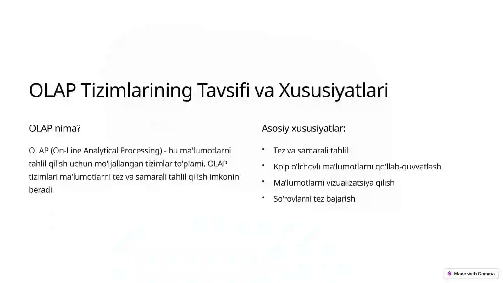 OLAP: Tizimlar va Arxitekturalar 2
