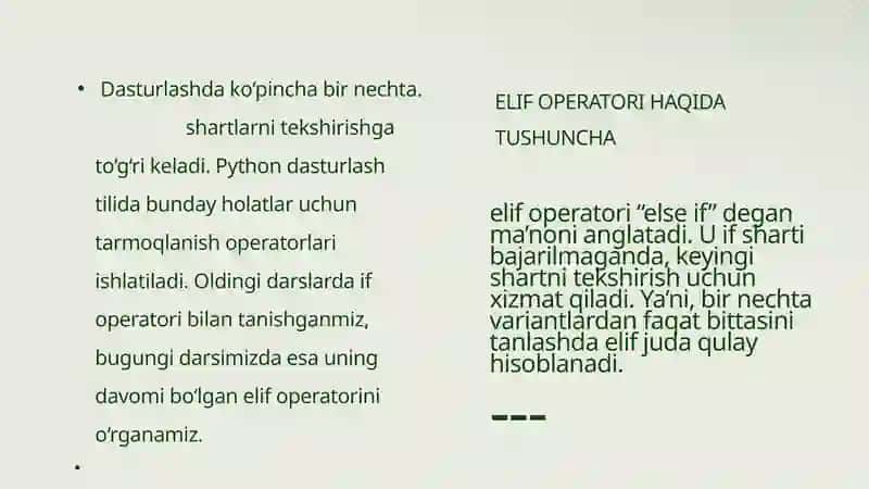 Python dasturlash tilida elif tarmoqlanishi 2