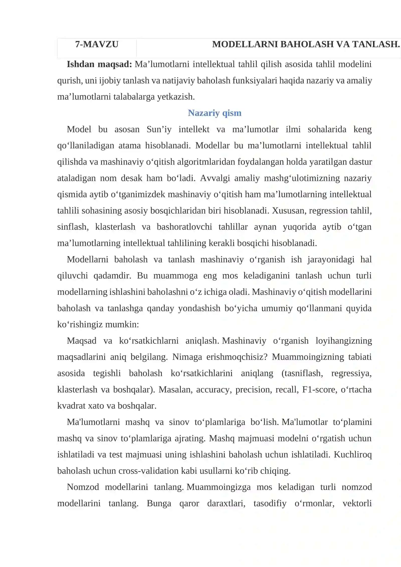 MODELLARNI BAHOLASH VA TANLASH 2
