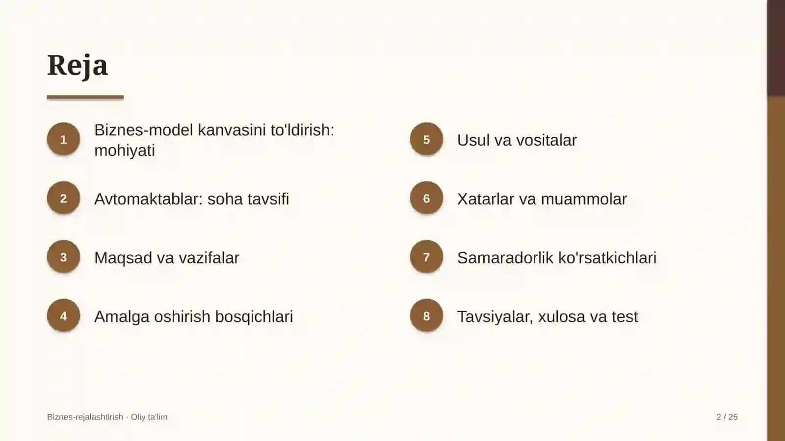 Avtomaktablarda biznes-model kanvasini to'ldirish 2